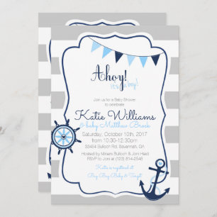 Ahoy its a Boy Nautical Blue Gray Baby Shower Card