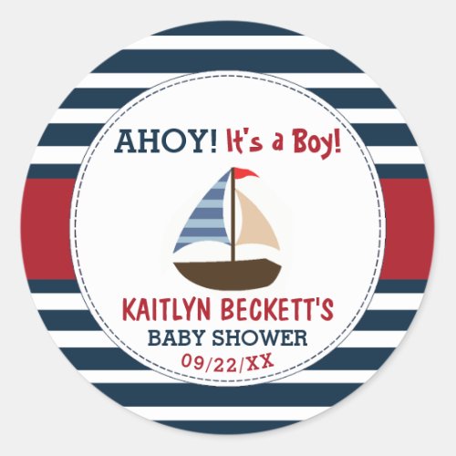 Ahoy Its A Boy Nautical Boat Baby Shower Classic Round Sticker