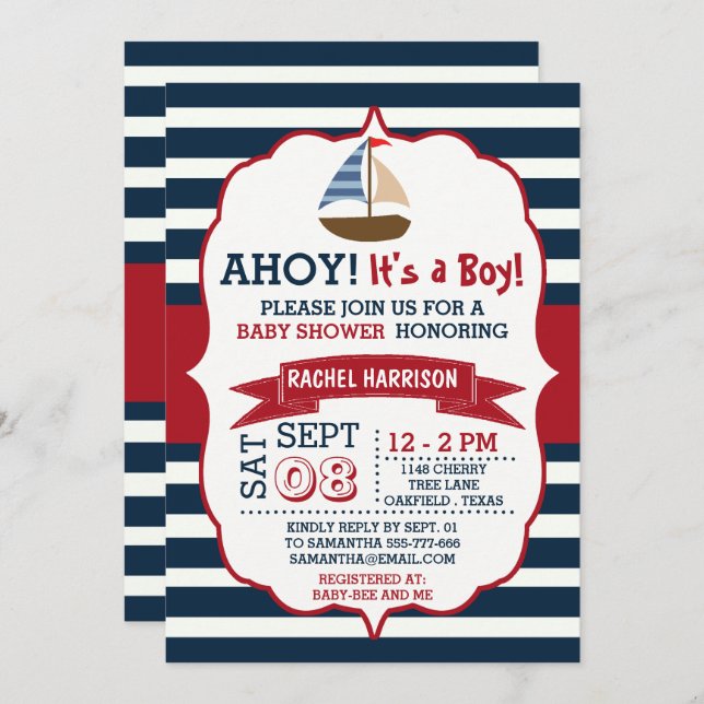 Ahoy It's A Boy! Nautical Boat Baby Shower Invites (Front/Back)