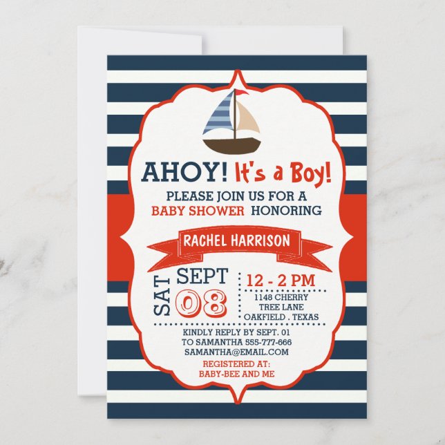 Ahoy It's A Boy! Nautical Boat Baby Shower Invites (Front)