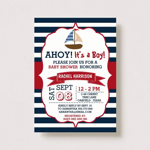 Ahoy It's A Boy! Nautical Boat Baby Shower Invites 5" X 7" Invitation C...