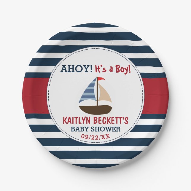 Ahoy It's A Boy! Nautical Boat Baby Shower Paper Plates (Front)