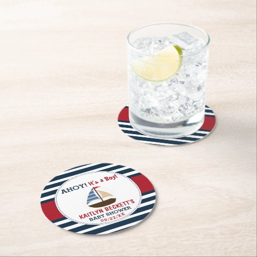 Ahoy Its A Boy Nautical Boat Baby Shower Round Paper Coaster