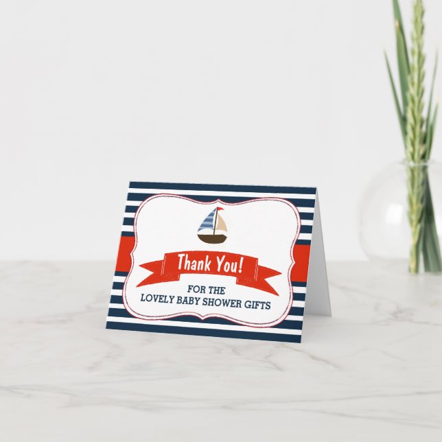 Ahoy It's A Boy! Nautical Boat Baby Shower Thanks Thank You Card (Front)