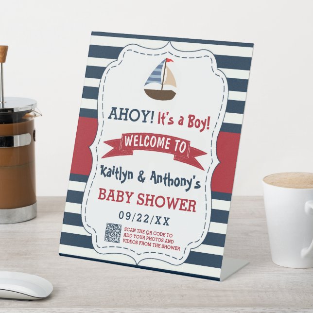 Ahoy It's A Boy! Nautical Boat Baby Shower Welcome Pedestal Sign (In SItu)