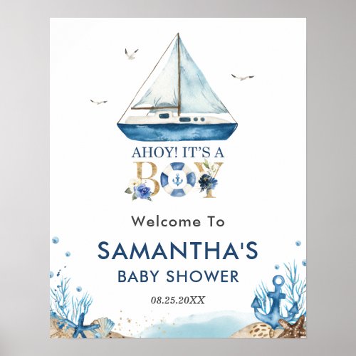 Ahoy Its a Boy Nautical Boat Baby Shower Welcome Poster