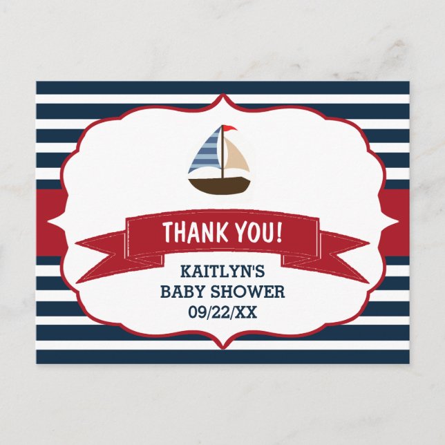 Ahoy It's A Boy! Nautical Boat Baby Thank You Postcard (Front)