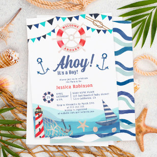 Ahoy it's a boy nautical boat blue red baby shower invitation