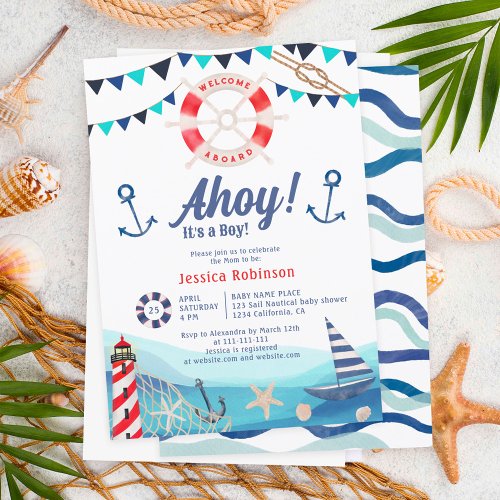 Ahoy its a boy nautical boat blue red baby shower invitation