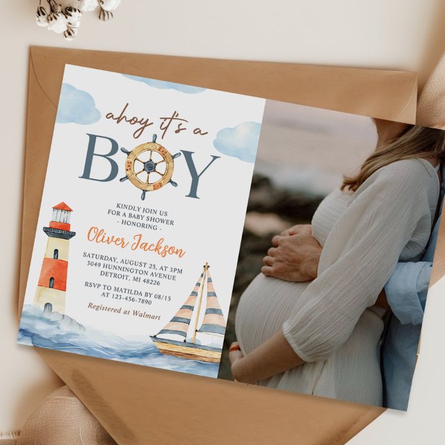Ahoy It's a Boy Nautical Boy Baby Shower Photo Invitation (Creator Uploaded)