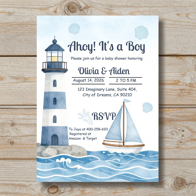 Ahoy It's a Boy Nautical Lighthouse Baby Shower Invitation (Creator Uploaded)