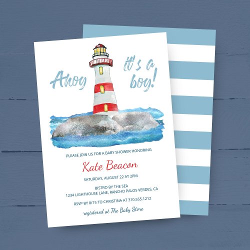 Ahoy Its A Boy Nautical Lighthouse Baby Shower Invitation