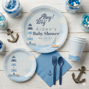 Ahoy It's a Boy Nautical Lighthouse Baby Shower Paper Plates