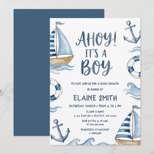 Ahoy Its a Boy Nautical Marine Beach Baby Shower Invitation