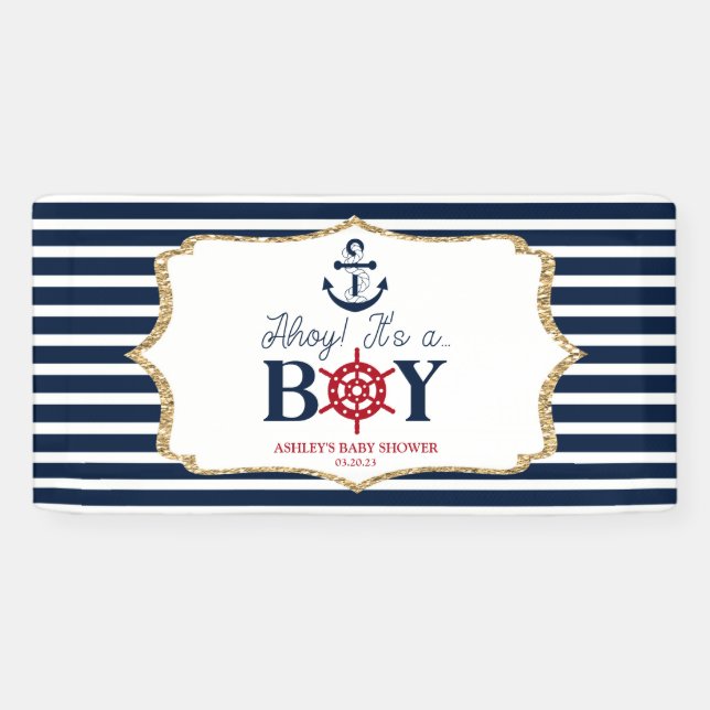 Ahoy It's A Boy Nautical Navy Blue Baby Shower Banner (Horizontal)