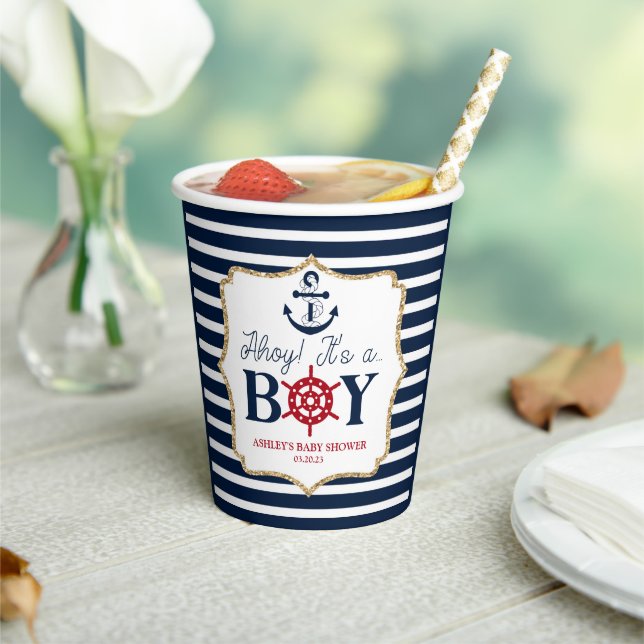 Ahoy It's A Boy Nautical Navy Blue Baby Shower Paper Cups (Insitu)