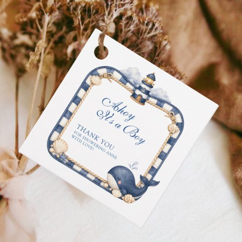 Ahoy It's a Boy Nautical Navy Blue Whale Lighthous Favor Tags