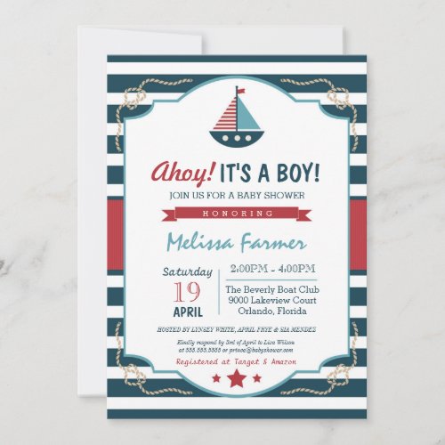 Ahoy Its A Boy  Nautical Navy  Red Baby Shower Invitation