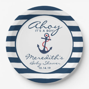 Ahoy, it's a Boy Nautical Navy White Baby Shower Paper Plates