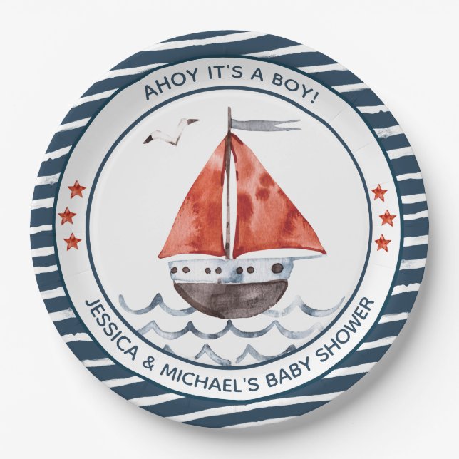 Ahoy It's A Boy Nautical Paper Plates (Front)