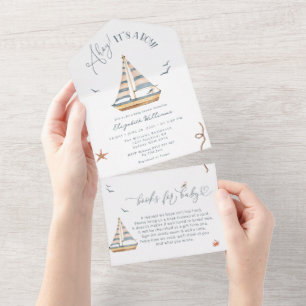 Ahoy It's A Boy Nautical Sailboat Baby Shower All In One Invitation