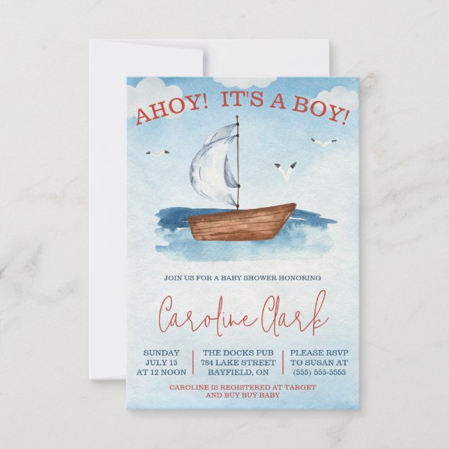 AHOY! It's a BOY!  Nautical Sailboat Baby Shower Invitation (Front)