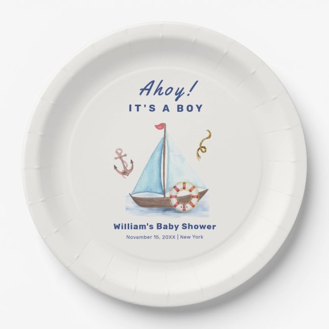 Ahoy It's A Boy Nautical Sailboat Baby Shower  Paper Plates (Front)