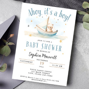 Ahoy It's a Boy Nautical Sailboat Bear Baby Shower Invitation