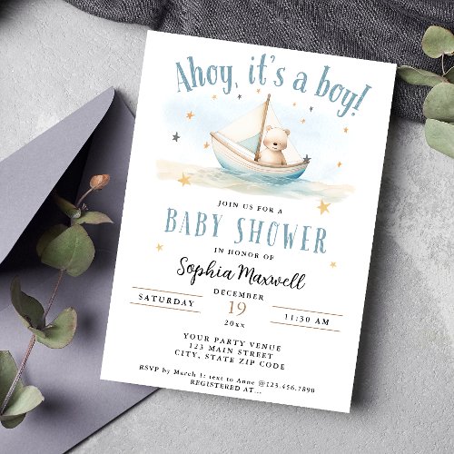 Ahoy Its a Boy Nautical Sailboat Bear Baby Shower Invitation