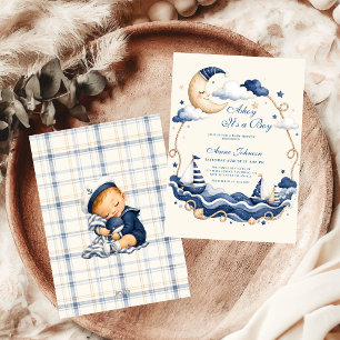 Ahoy It's a Boy Nautical Sailboat Moon Baby Shower Invitation