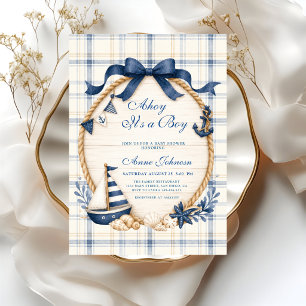 Ahoy It's a Boy Nautical Sailboat Navy Blue Plaid Invitation
