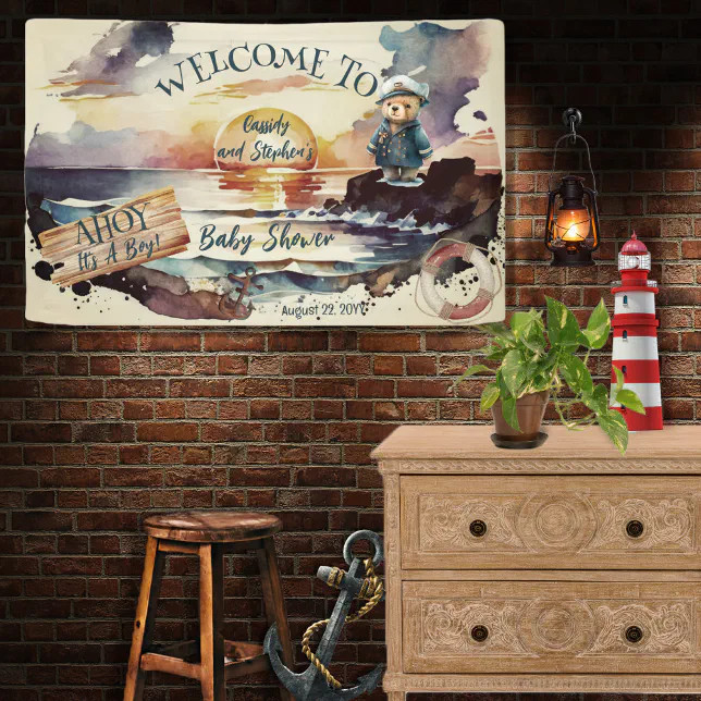 Ahoy, It's A Boy Nautical Teddy Bear Baby Shower Banner | Zazzle