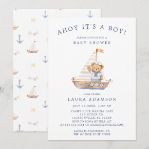 Ahoy It's a Boy Nautical Teddy Bear Baby Shower Invitation