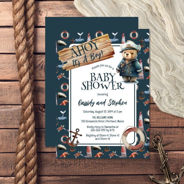 Ahoy, It's A Boy Nautical Teddy Bear Baby Shower Invitation (Creator Uploaded)