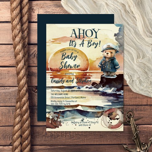 Ahoy Its A Boy Nautical Teddy Bear Baby Shower Invitation