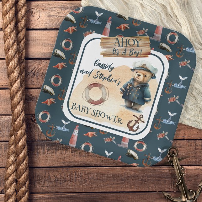 Ahoy, It's A Boy Nautical Teddy Bear Baby Shower Paper Plates (Creator Uploaded)