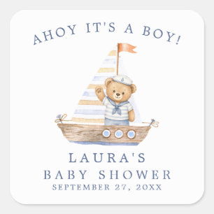 Ahoy It's a Boy Nautical Teddy Bear Baby Shower Square Sticker