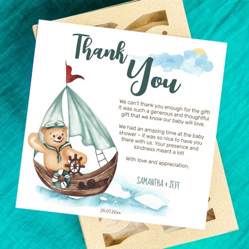 Ahoy its a boy nautical teddy bear baby shower thank you card