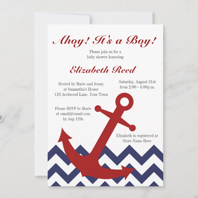Ahoy! It's a Boy! Nautical Theme Baby Shower Invitation (Front)
