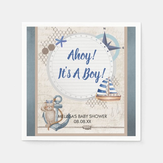 Ahoy it's a boy nautical theme baby shower napkins (Front)
