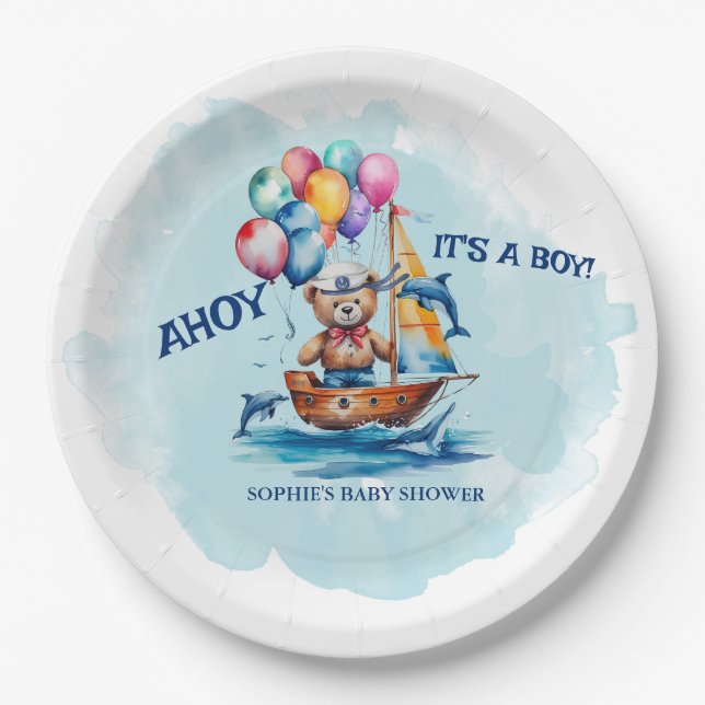 Ahoy Its A Boy Nautical Theme Baby Shower Paper Plates (Front)