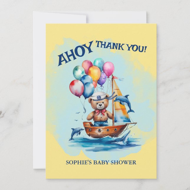 Ahoy Its A Boy Nautical Theme Baby Shower Thank You Card (Front)