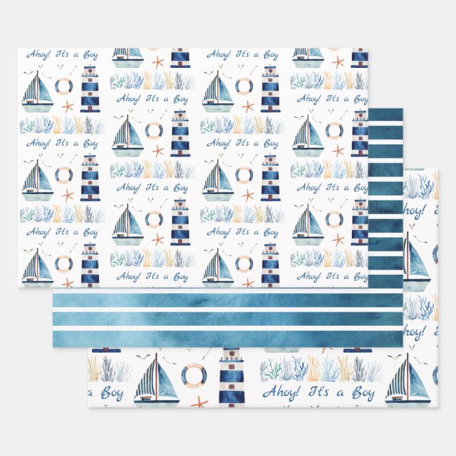 Ahoy! It's a Boy Nautical Themed Customizable  Wrapping Paper Sheets (Set)