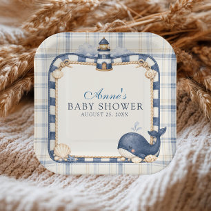 Ahoy It's a Boy Navy Blue Lighthouse Whale Plaid Paper Plates