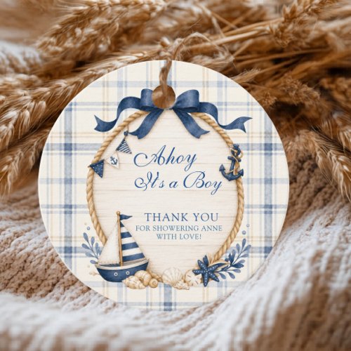 Ahoy It's a Boy Navy Blue Plaid Sailboat Anchor Favor Tags