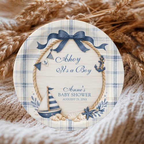 Ahoy It's a Boy Navy Blue Plaid Sailboat Anchor Paper Plates