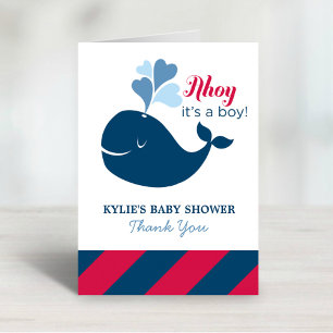 Ahoy Its a Boy Navy Whale Baby Shower Thank You Card