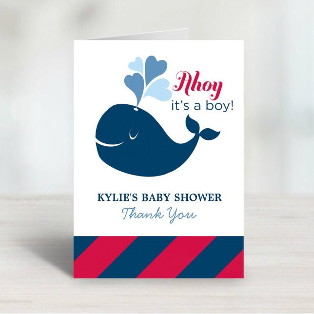 Ahoy Its a Boy Navy Whale Baby Shower Thank You Card (Creator Uploaded)