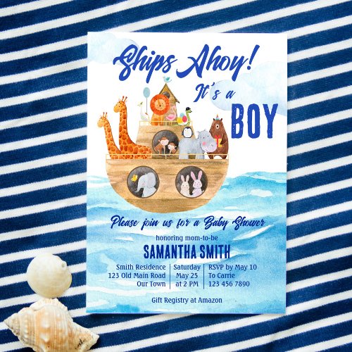 Ahoy its a boy Noahs Ark Christian baby shower Invitation