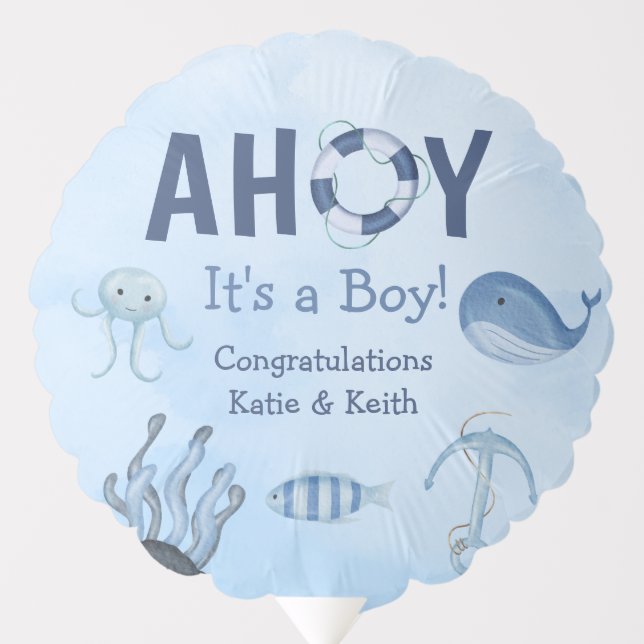 Ahoy It's a Boy Ocean Animals Coastal Baby Shower Balloon (Front)